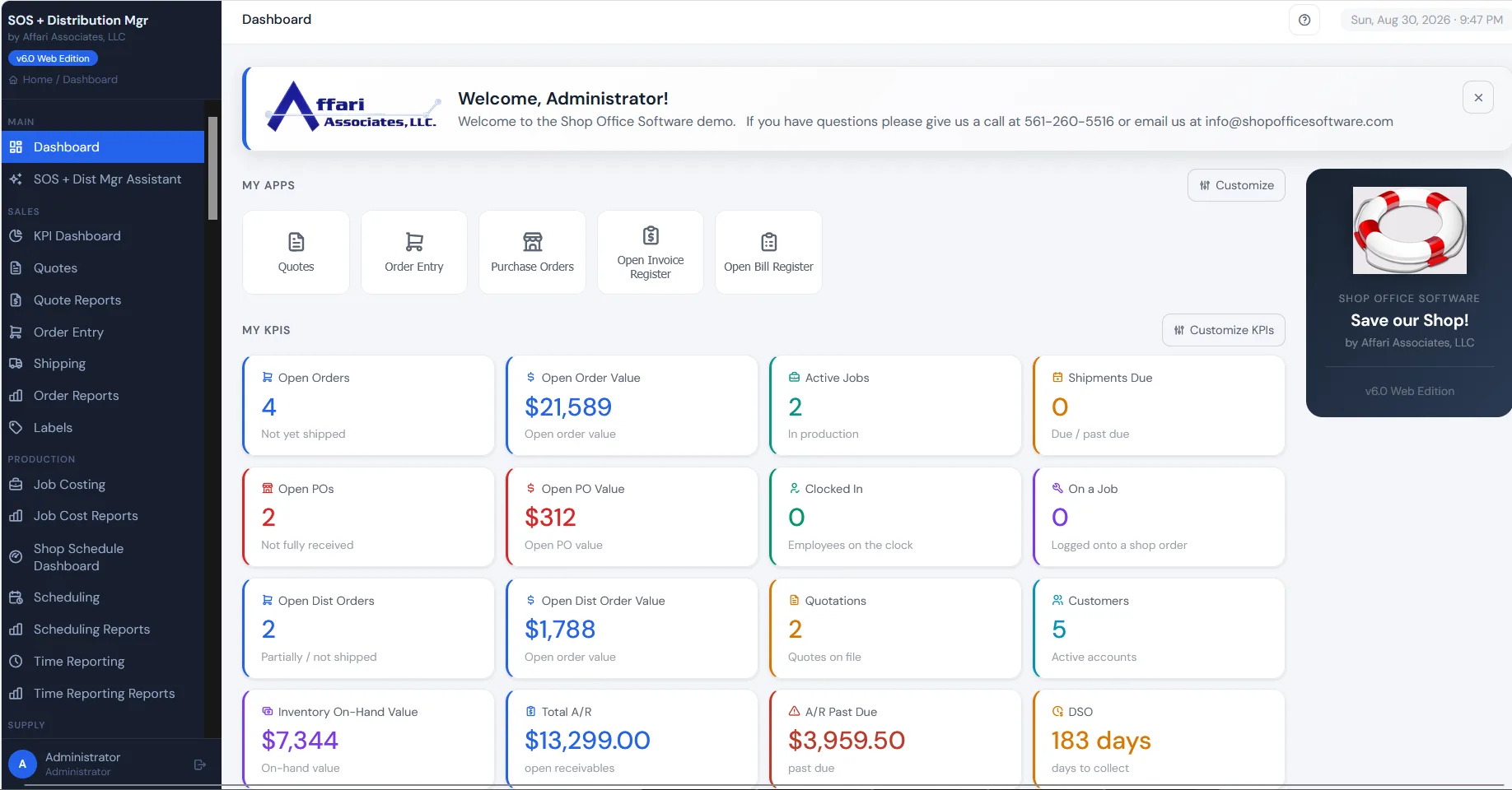 The SOS suite dashboard