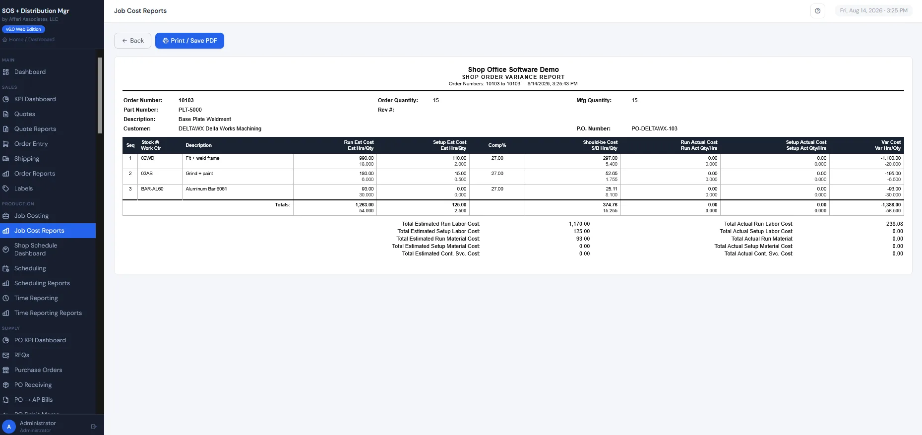 Job costing, estimate vs. actual