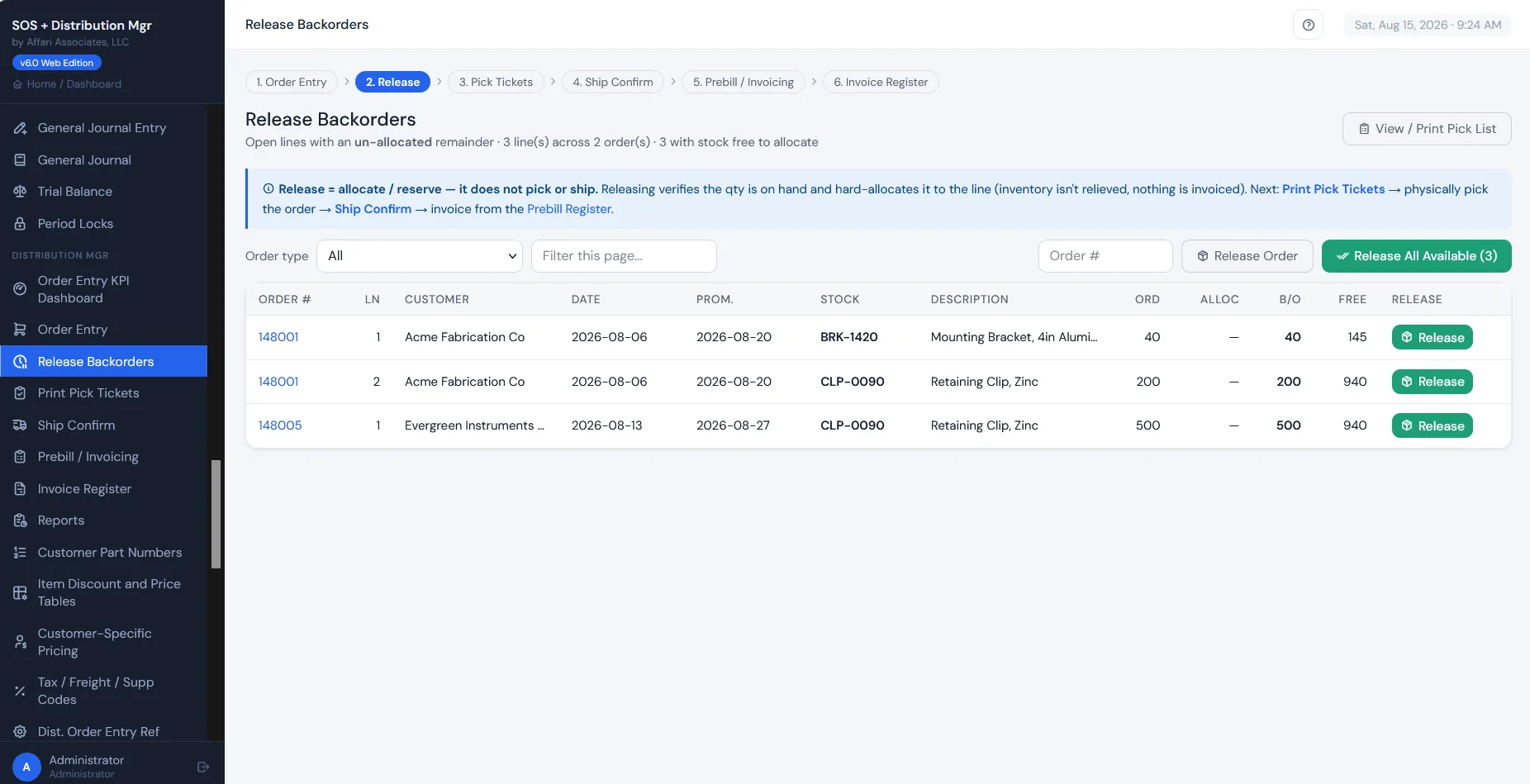 Release Backorders in Distribution Mgr